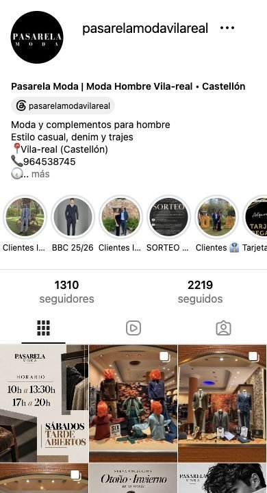 Captura del perfil real de Instagram de Pasarela Moda, con su biografía, historias destacadas y publicaciones